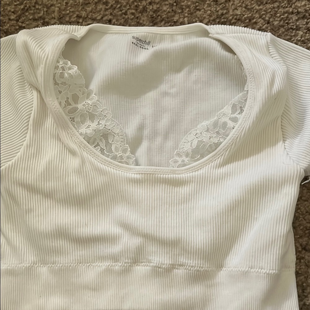 Superdry Ivory Ribbed Top with Lace Accent